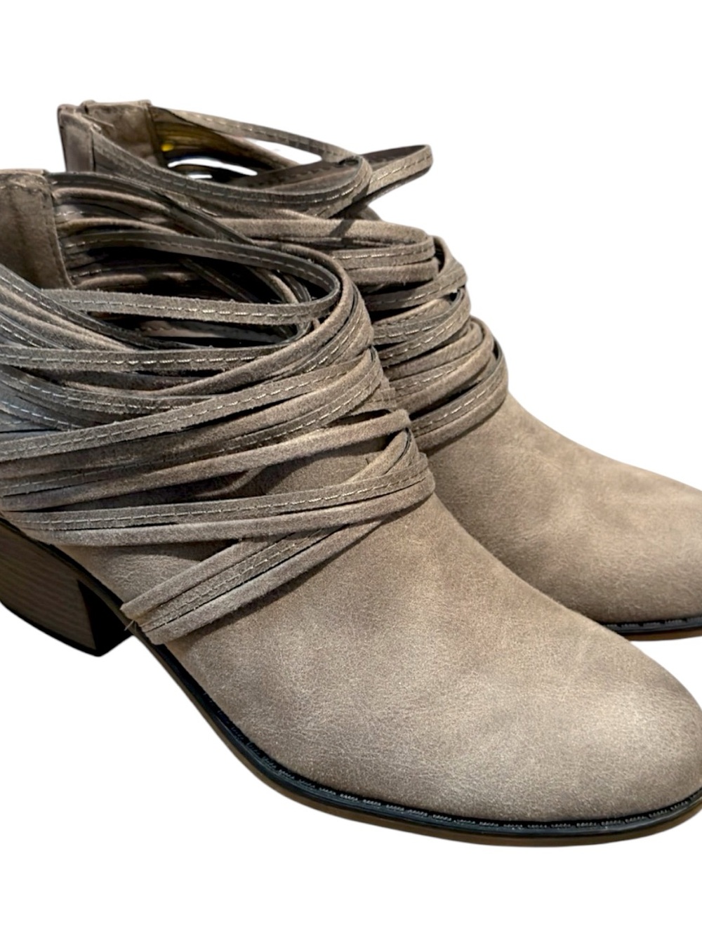 Fergalicious Fringe Ankle Boots Womens 9.5 Barley Woven Boho Block Heel Zip